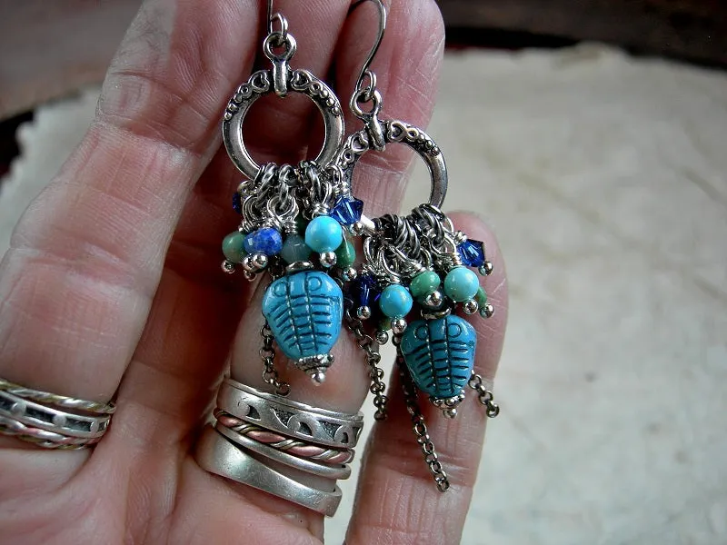 Deep Sea Trilobite Earrings, Cluster Style, Lapis & Turquoise