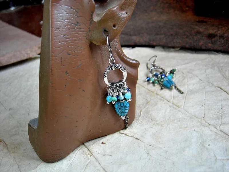 Deep Sea Trilobite Earrings, Cluster Style, Lapis & Turquoise