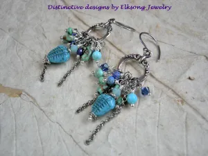 Deep Sea Trilobite Earrings, Cluster Style, Lapis & Turquoise