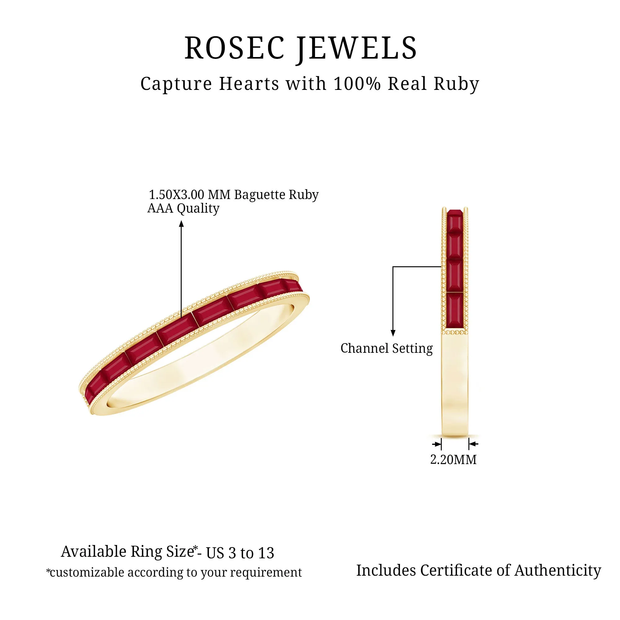 East West Baguette Cut Ruby Half Eternity Band Ring with Milgrain Details