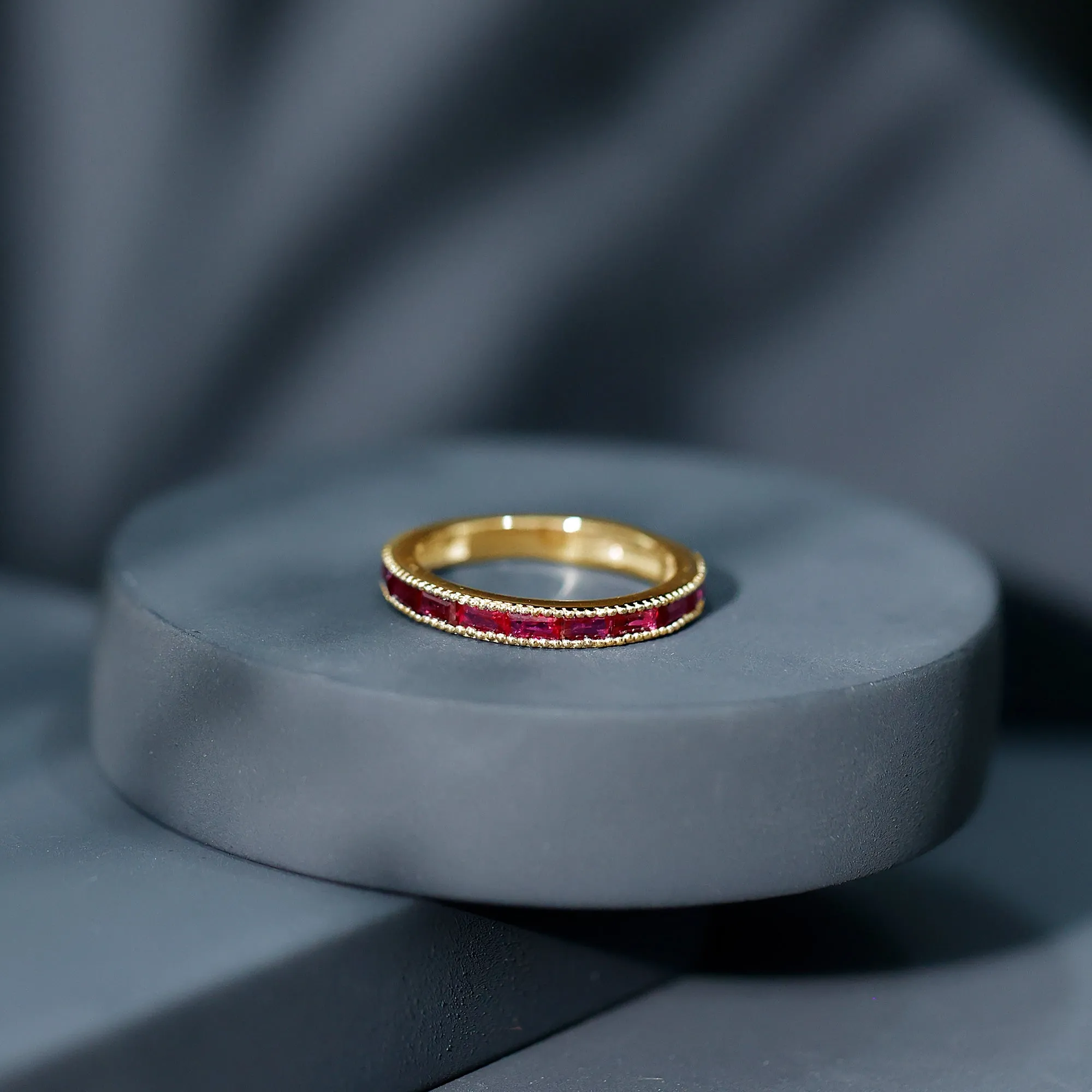 East West Baguette Cut Ruby Half Eternity Band Ring with Milgrain Details