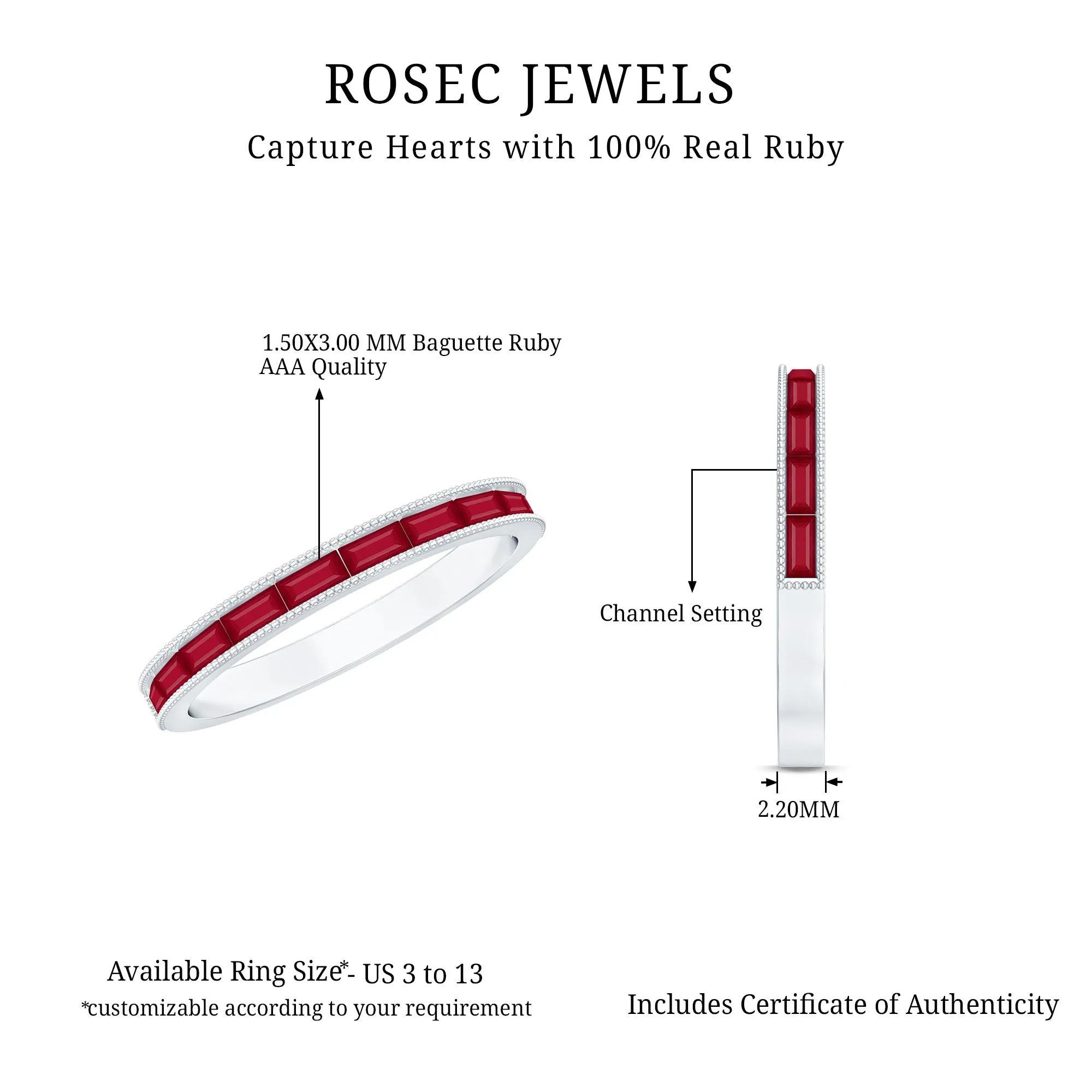 East West Baguette Cut Ruby Half Eternity Band Ring with Milgrain Details