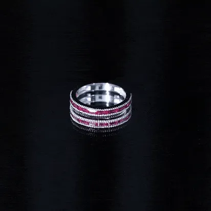 East West Baguette Cut Ruby Half Eternity Band Ring with Milgrain Details