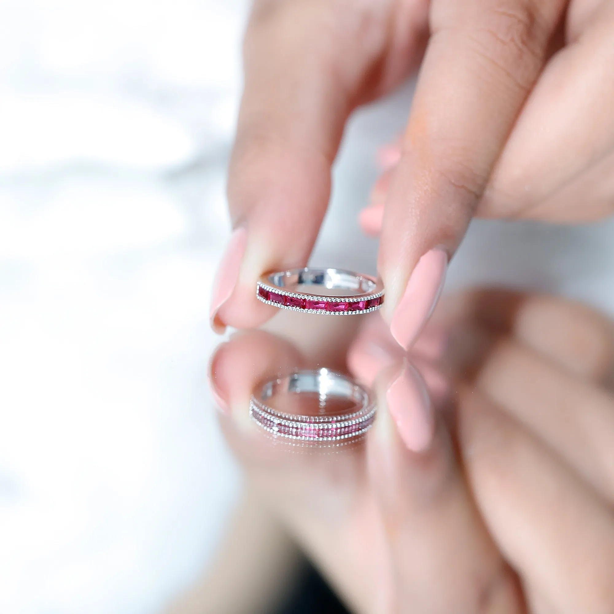 East West Baguette Cut Ruby Half Eternity Band Ring with Milgrain Details