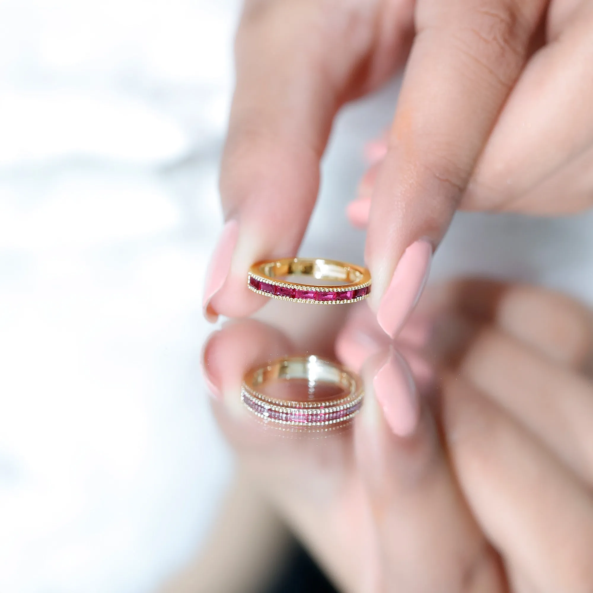 East West Baguette Cut Ruby Half Eternity Band Ring with Milgrain Details