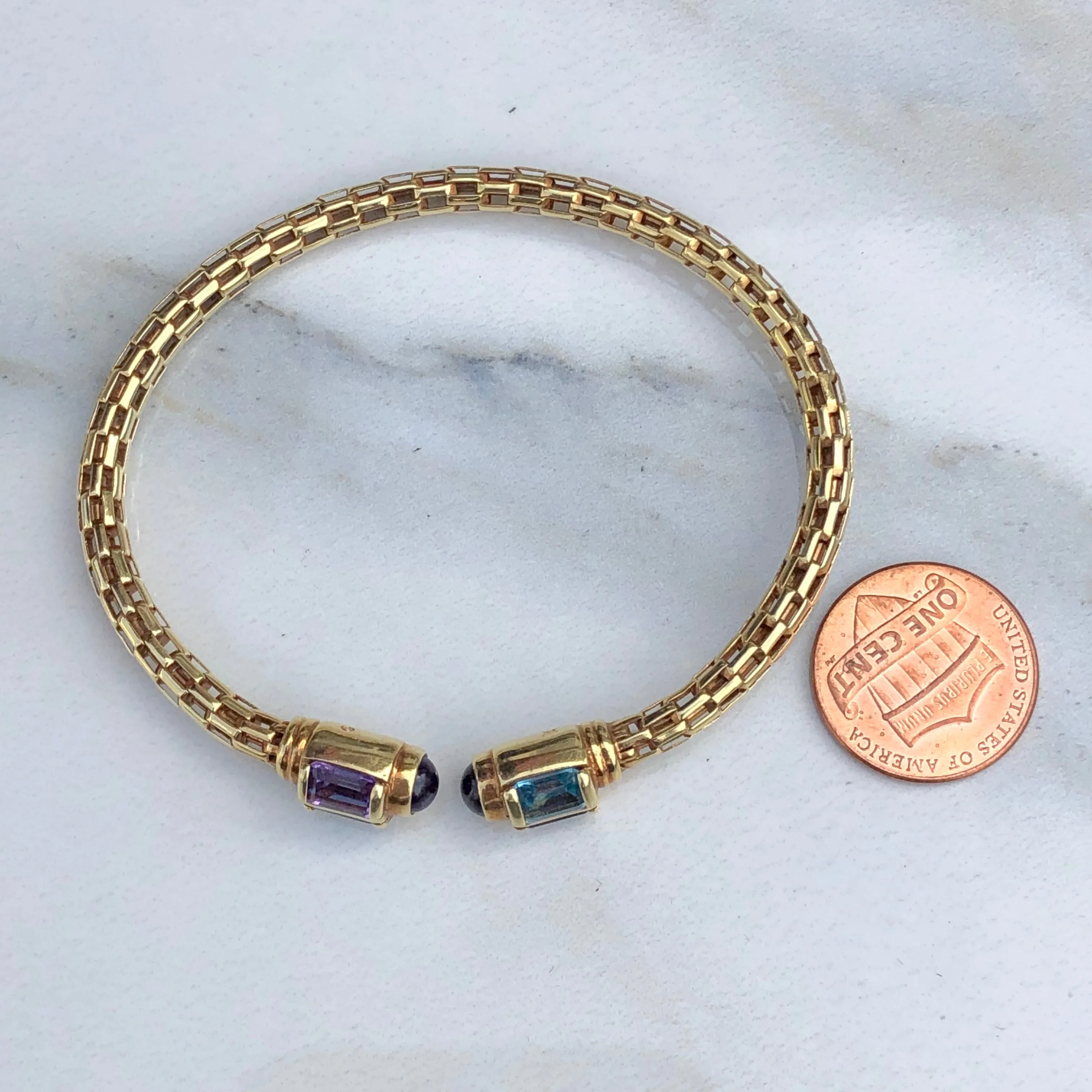 Estate 14KT Yellow Gold Multi Gemstone End Caps Cuff Bangle Bracelet