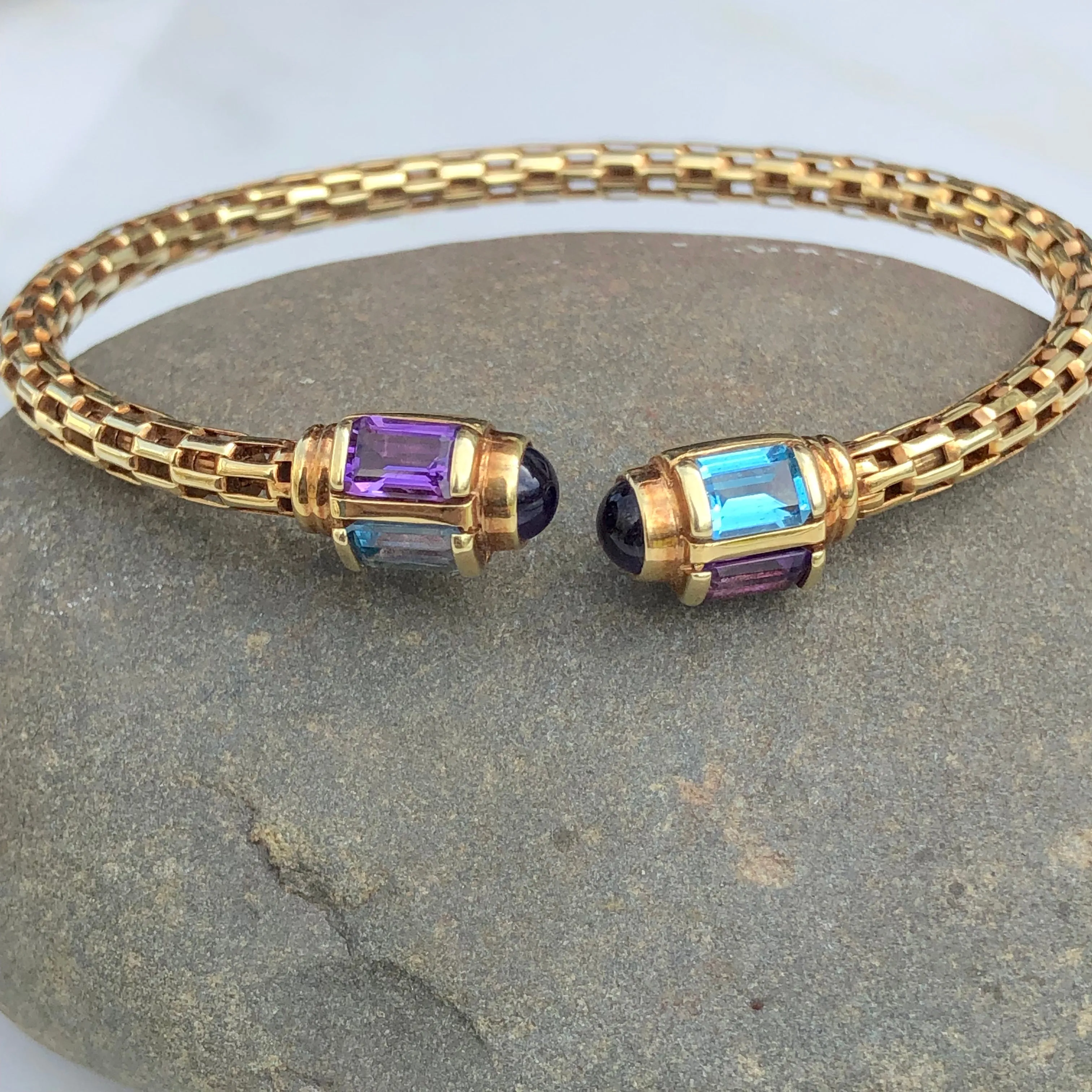 Estate 14KT Yellow Gold Multi Gemstone End Caps Cuff Bangle Bracelet