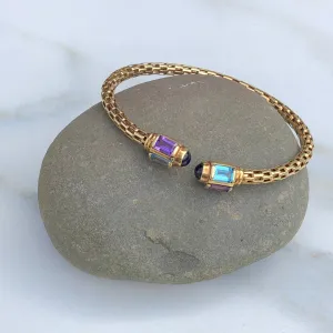 Estate 14KT Yellow Gold Multi Gemstone End Caps Cuff Bangle Bracelet
