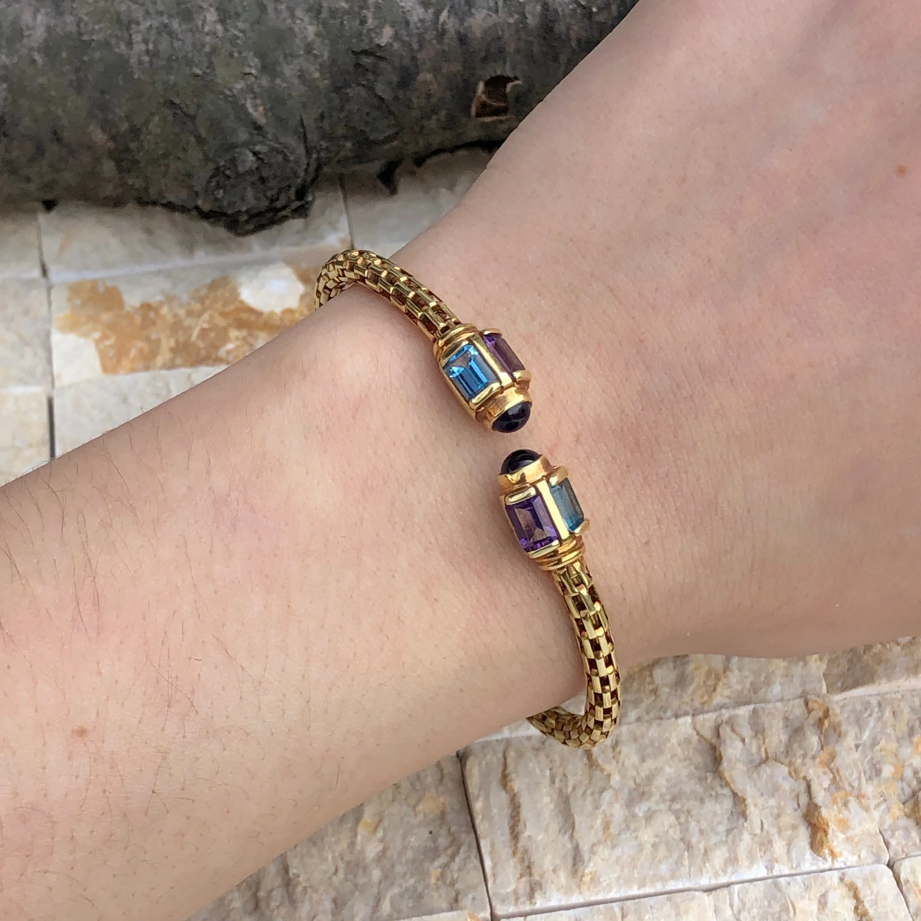 Estate 14KT Yellow Gold Multi Gemstone End Caps Cuff Bangle Bracelet
