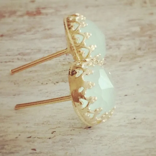 Gold filled light Green Real Jade Stone stud earrings