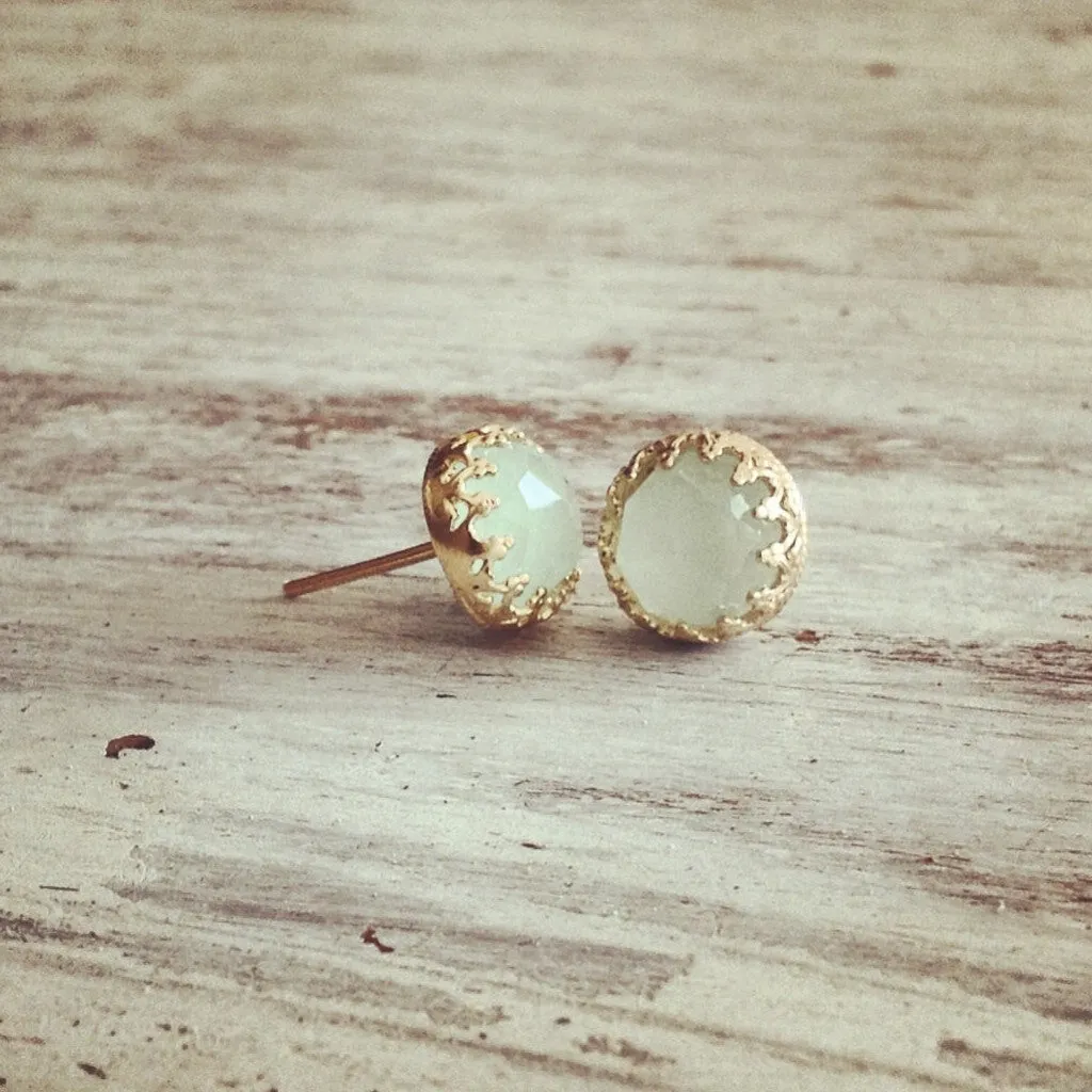 Gold filled light Green Real Jade Stone stud earrings