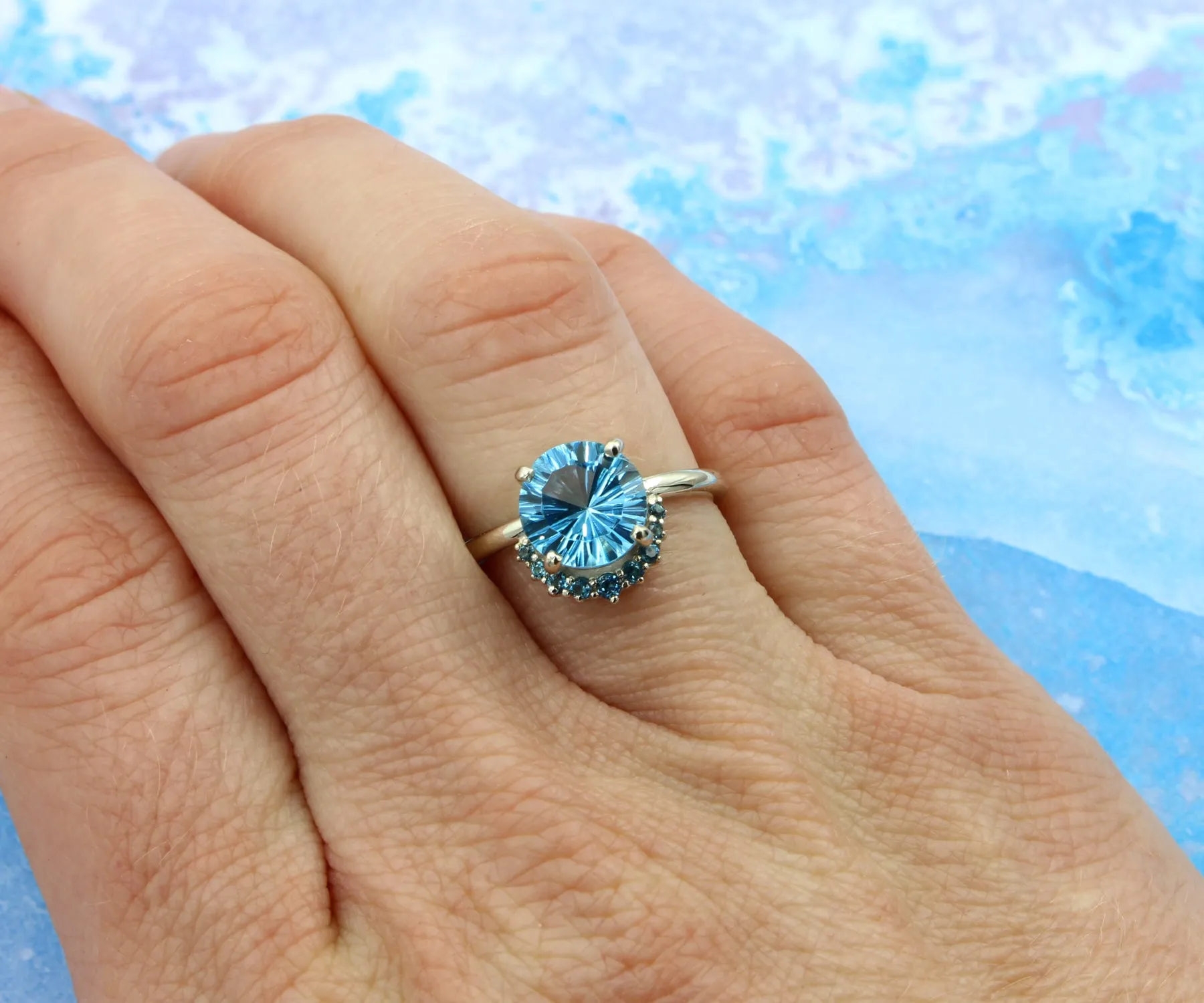 Half Halo Starburst Blue Topaz Ring