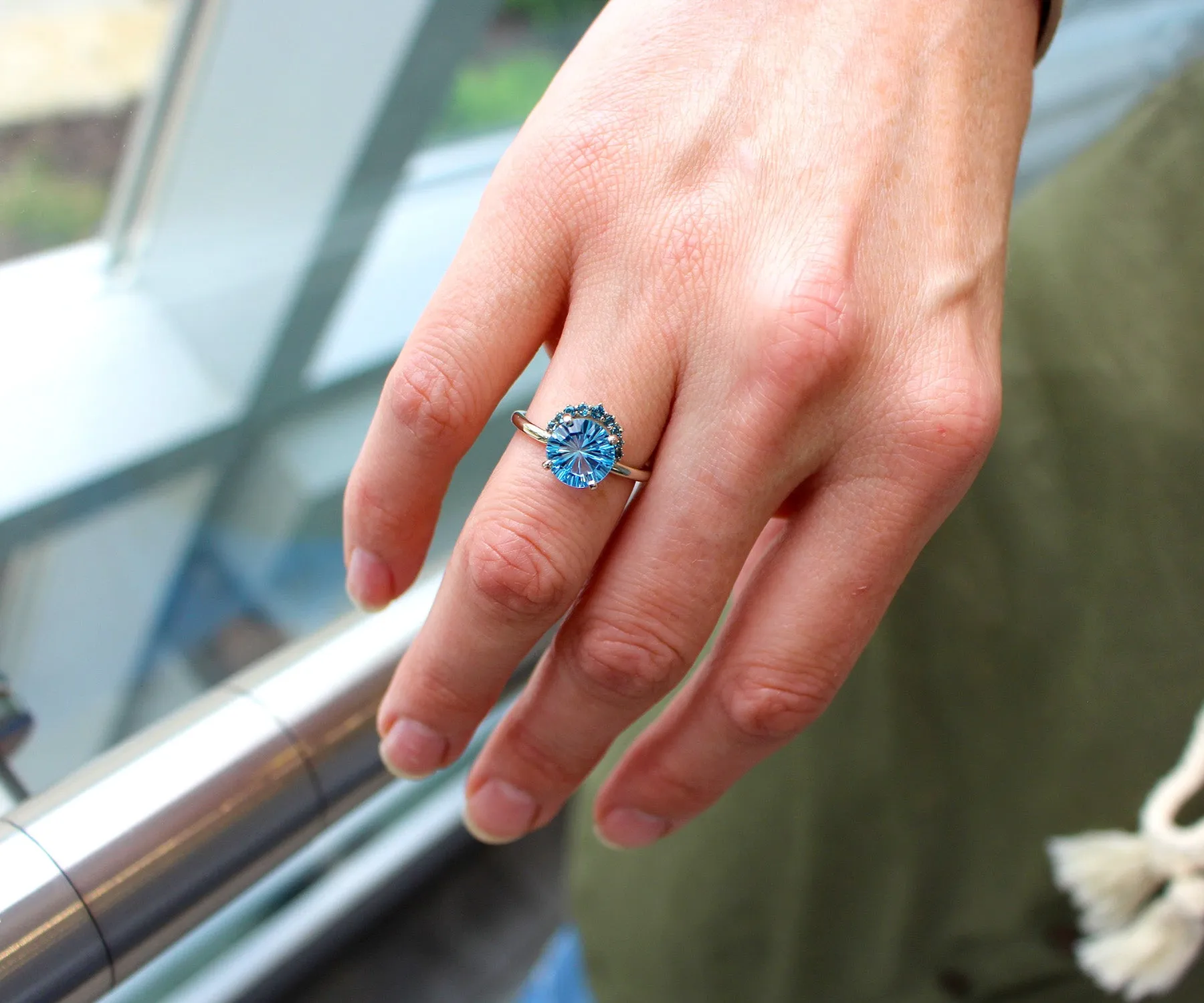 Half Halo Starburst Blue Topaz Ring