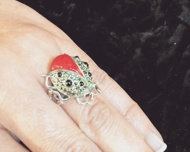 Ladybug Ring Silver Marcasite Coral Black Onyx Ladybird