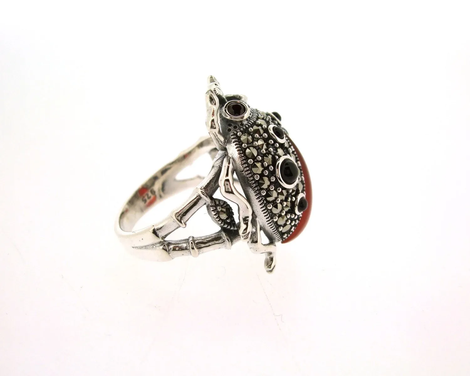 Ladybug Ring Silver Marcasite Coral Black Onyx Ladybird