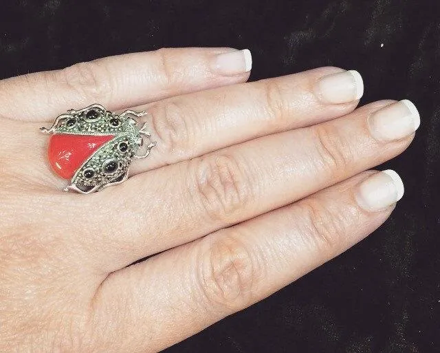 Ladybug Ring Silver Marcasite Coral Black Onyx Ladybird