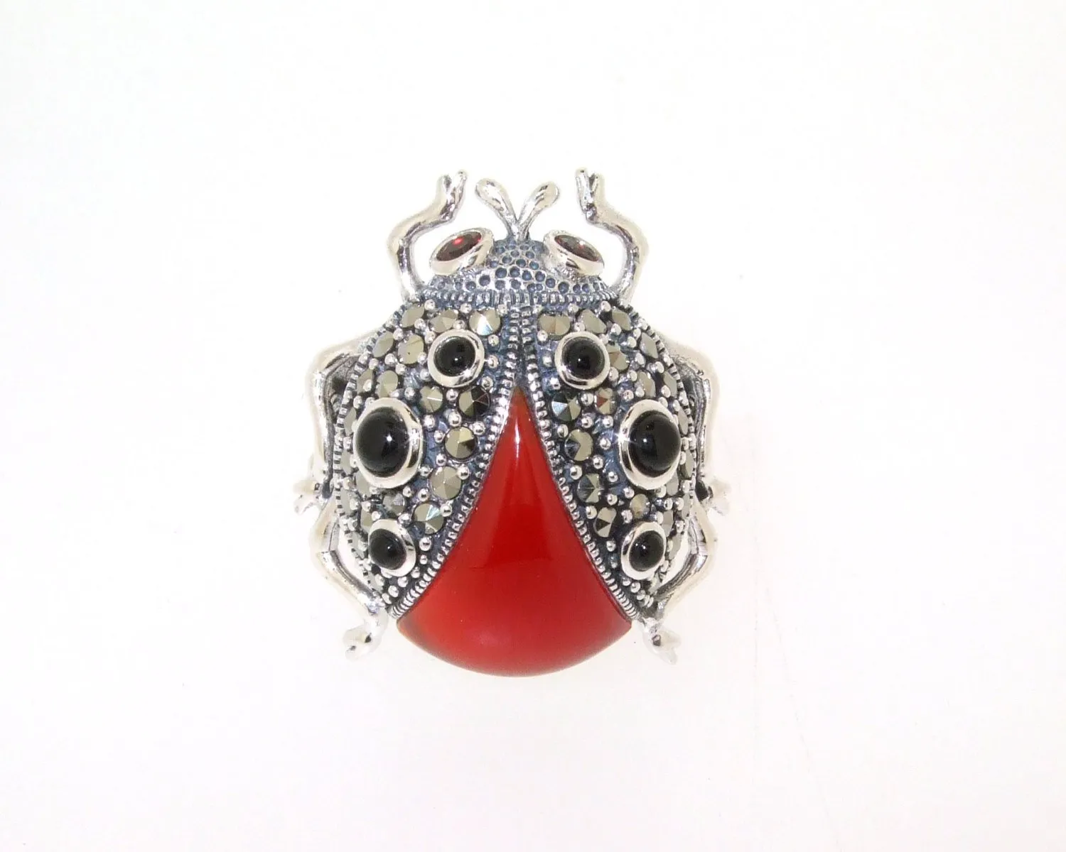 Ladybug Ring Silver Marcasite Coral Black Onyx Ladybird