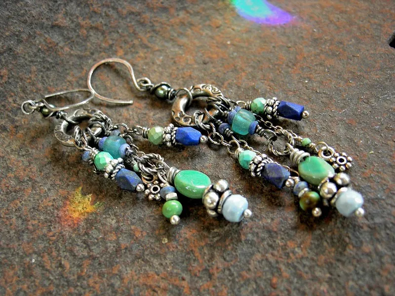 Lavish Swag, Blue Gemstone & Silver Earrings, Chandelier Style