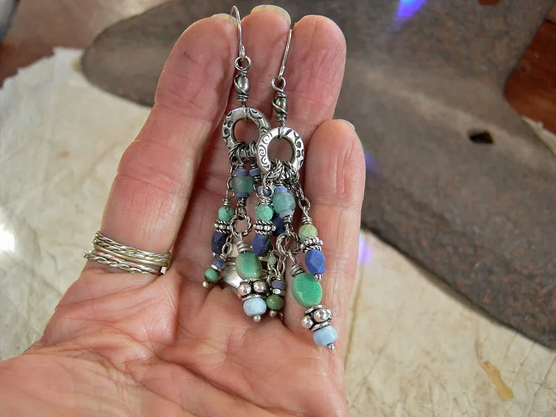 Lavish Swag, Blue Gemstone & Silver Earrings, Chandelier Style