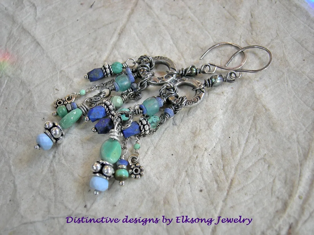 Lavish Swag, Blue Gemstone & Silver Earrings, Chandelier Style