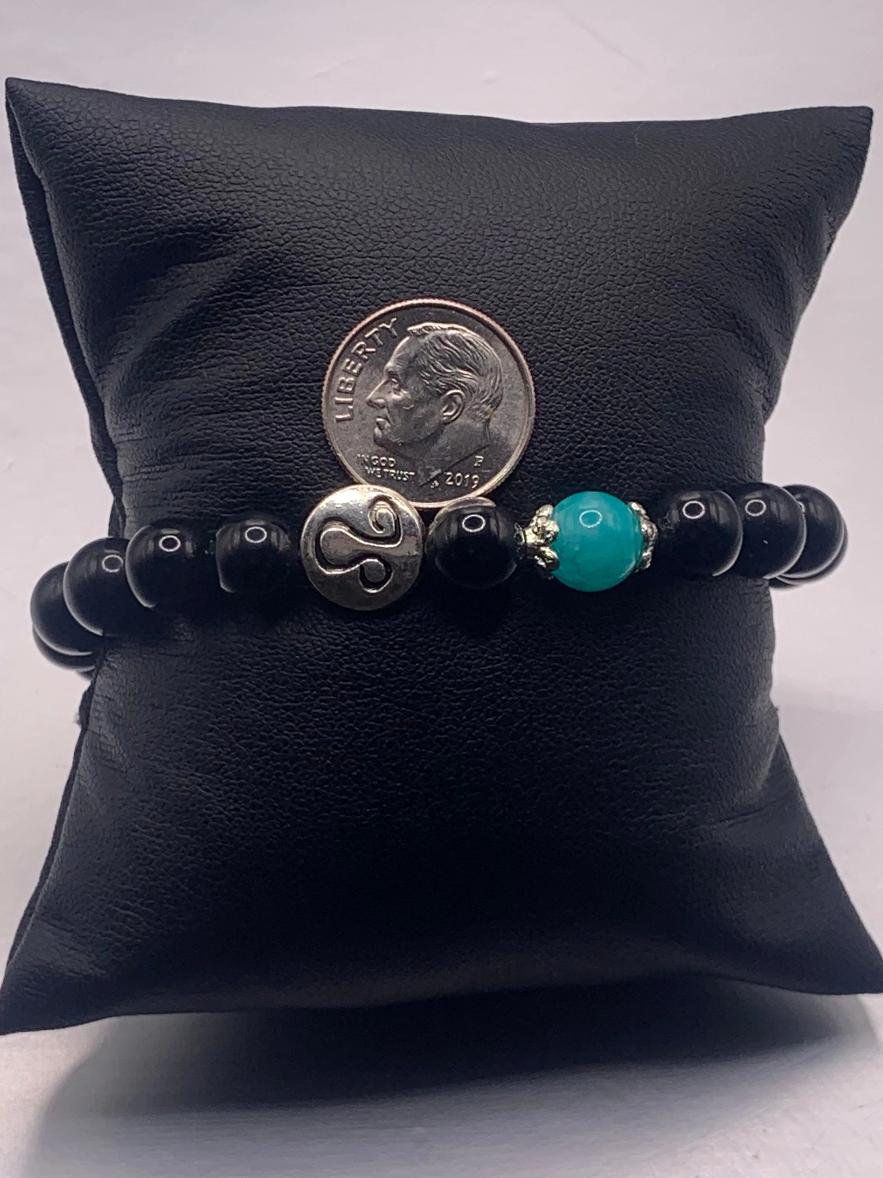 Leo Zodiac black obsidian with aquamarine chalcedony elastic beaded bracelet with silver accents