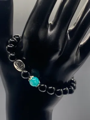 Leo Zodiac black obsidian with aquamarine chalcedony elastic beaded bracelet with silver accents