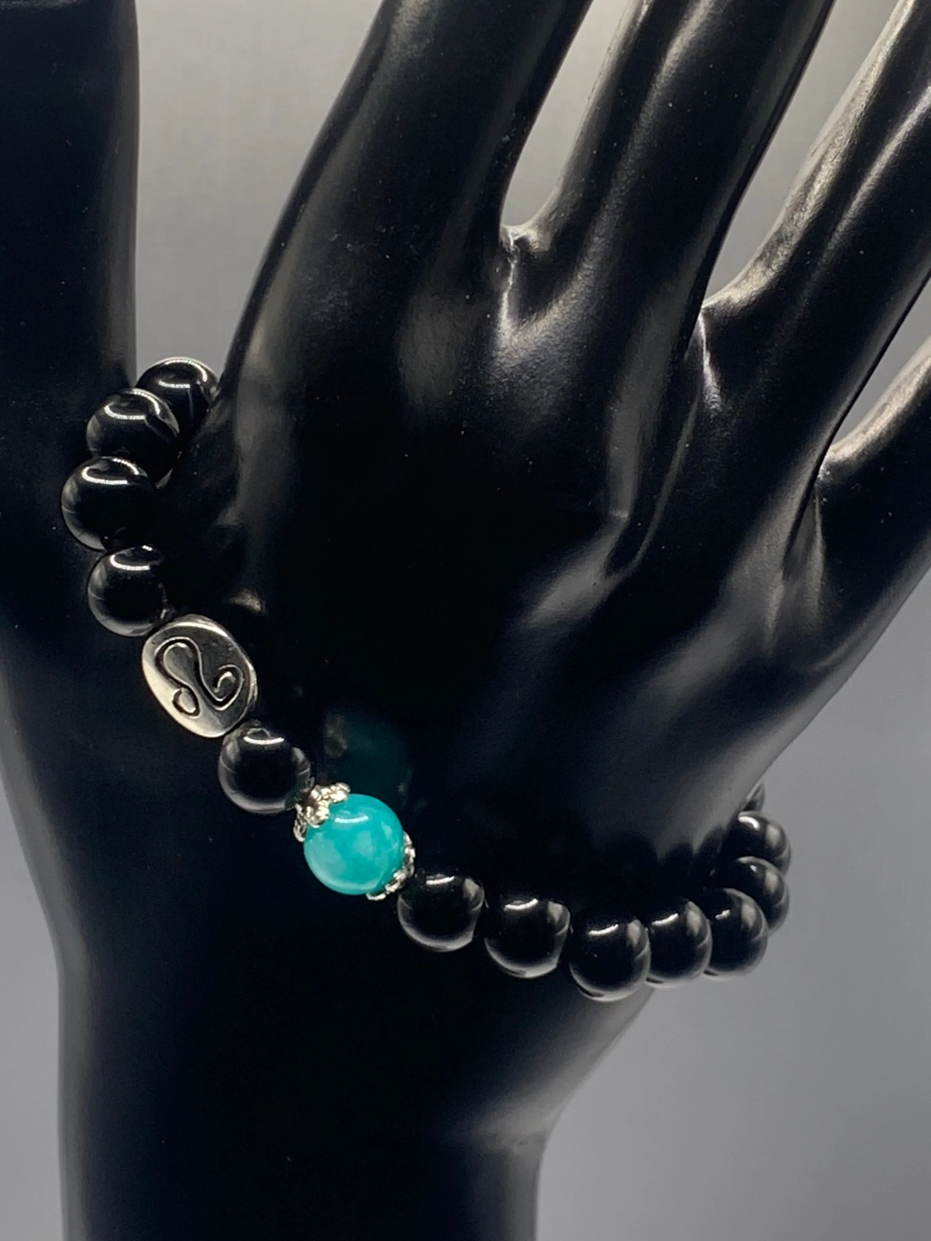 Leo Zodiac black obsidian with aquamarine chalcedony elastic beaded bracelet with silver accents