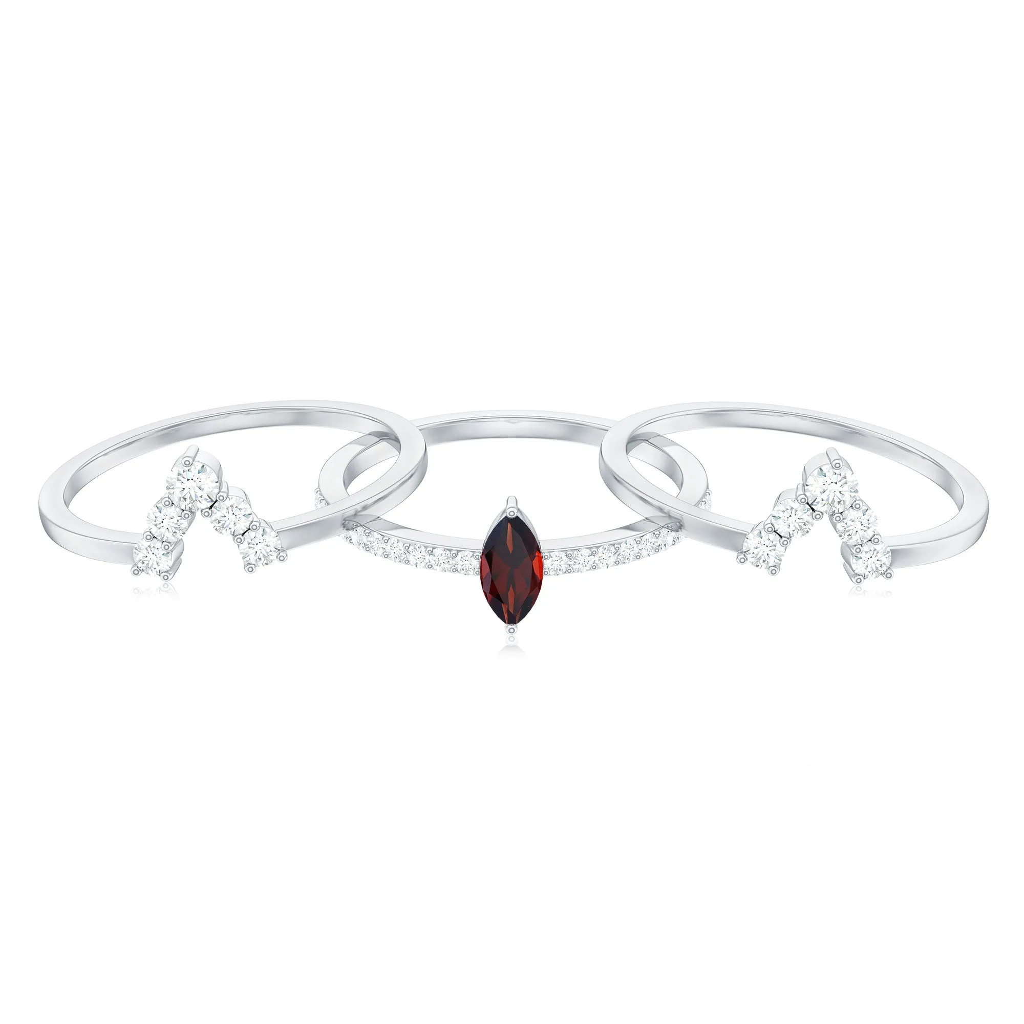 Marquise Garnet Solitaire Trio Ring Set with Diamond