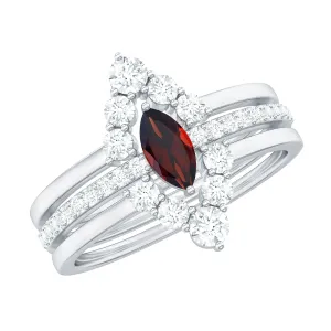 Marquise Garnet Solitaire Trio Ring Set with Diamond