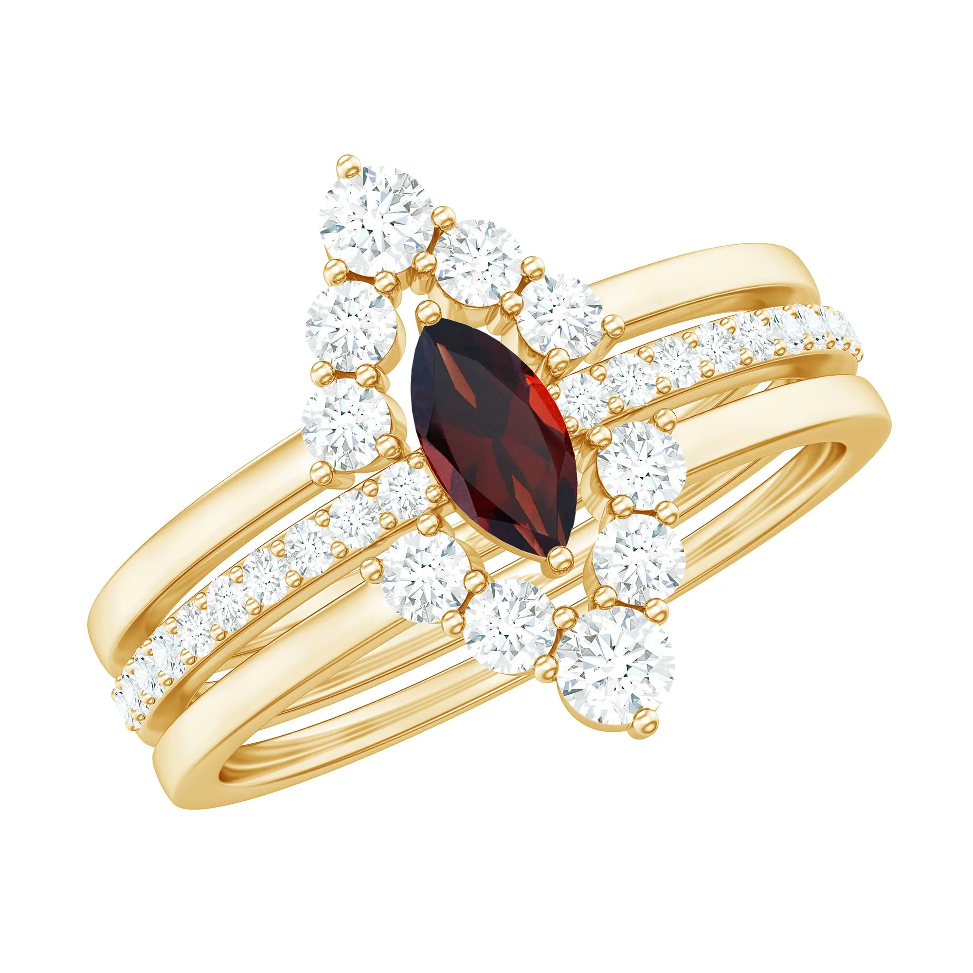 Marquise Garnet Solitaire Trio Ring Set with Diamond