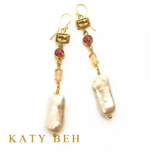 Mary Anne Imperial Topaz, Pink Topaz and Biwa Pearl Earrings