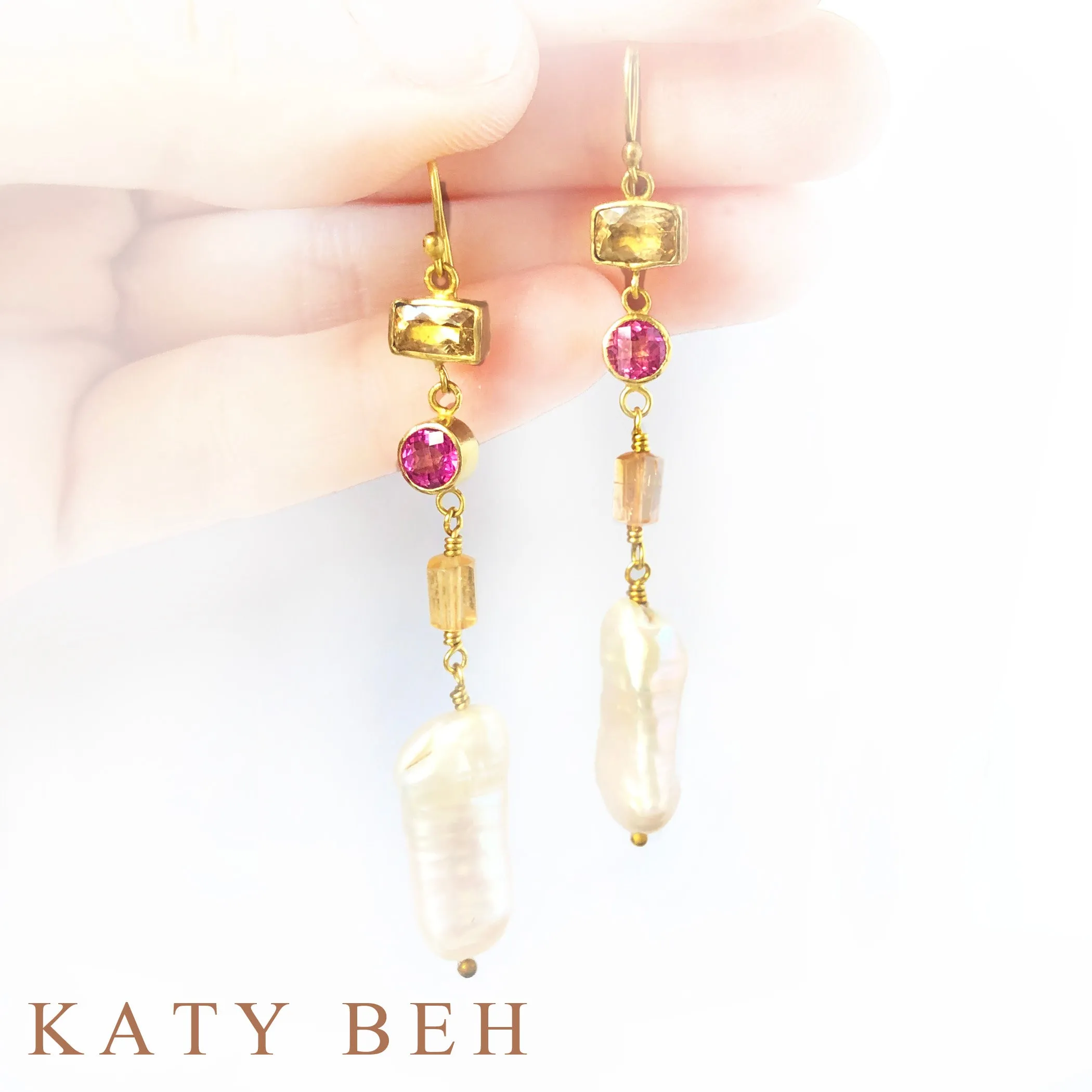 Mary Anne Imperial Topaz, Pink Topaz and Biwa Pearl Earrings