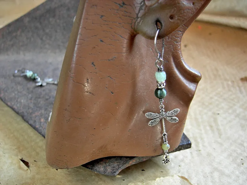 Misty Green Dragonfly Earrings, Antiqued Silver & Gemstone