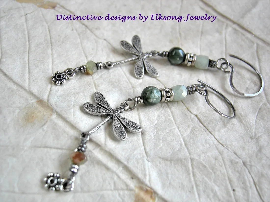 Misty Green Dragonfly Earrings, Antiqued Silver & Gemstone