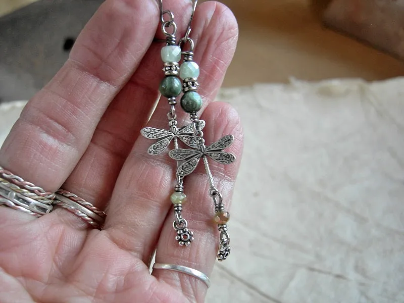 Misty Green Dragonfly Earrings, Antiqued Silver & Gemstone