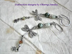 Misty Green Dragonfly Earrings, Antiqued Silver & Gemstone