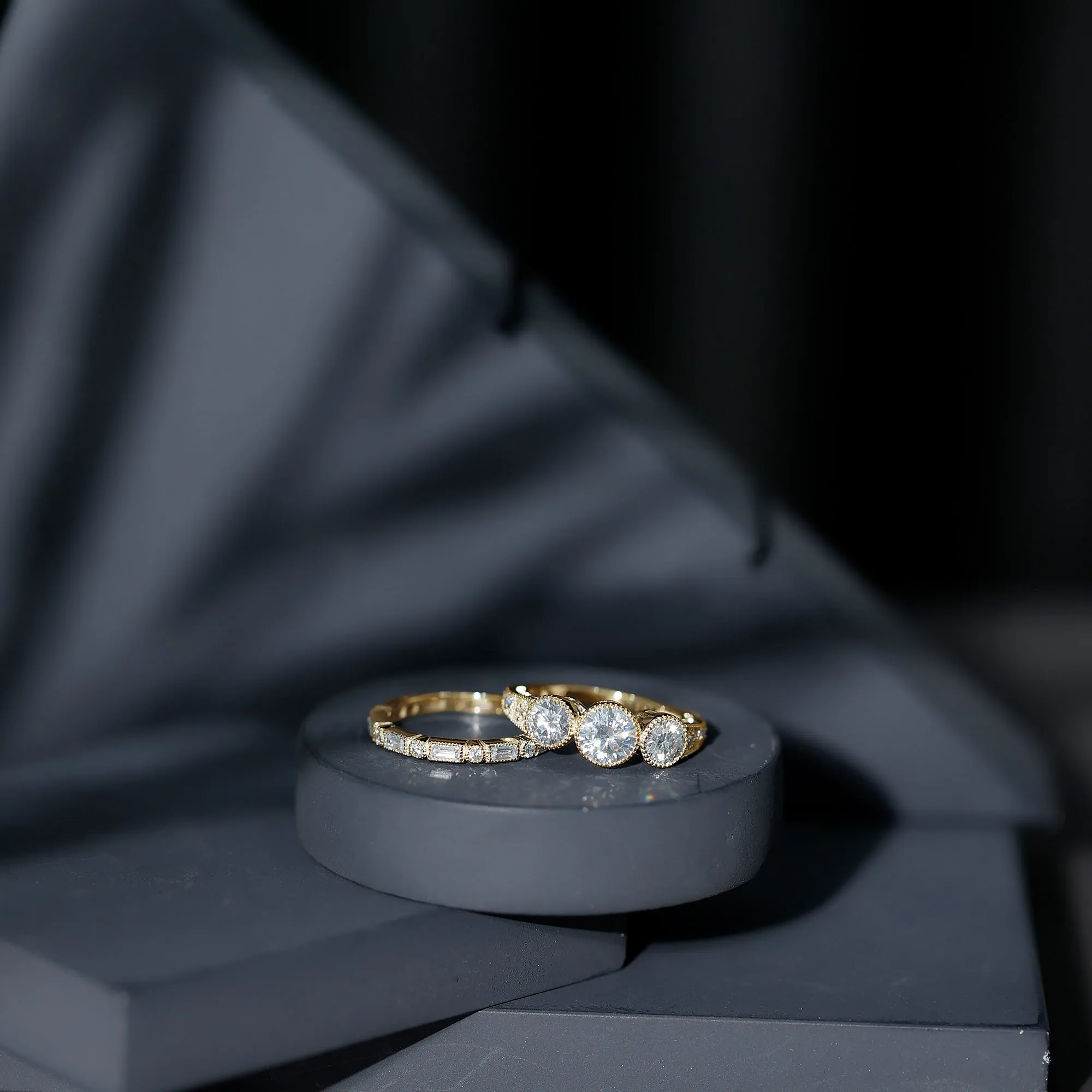 Moissanite 3 Stone Wedding Ring Set in Beaded Bezel Setting