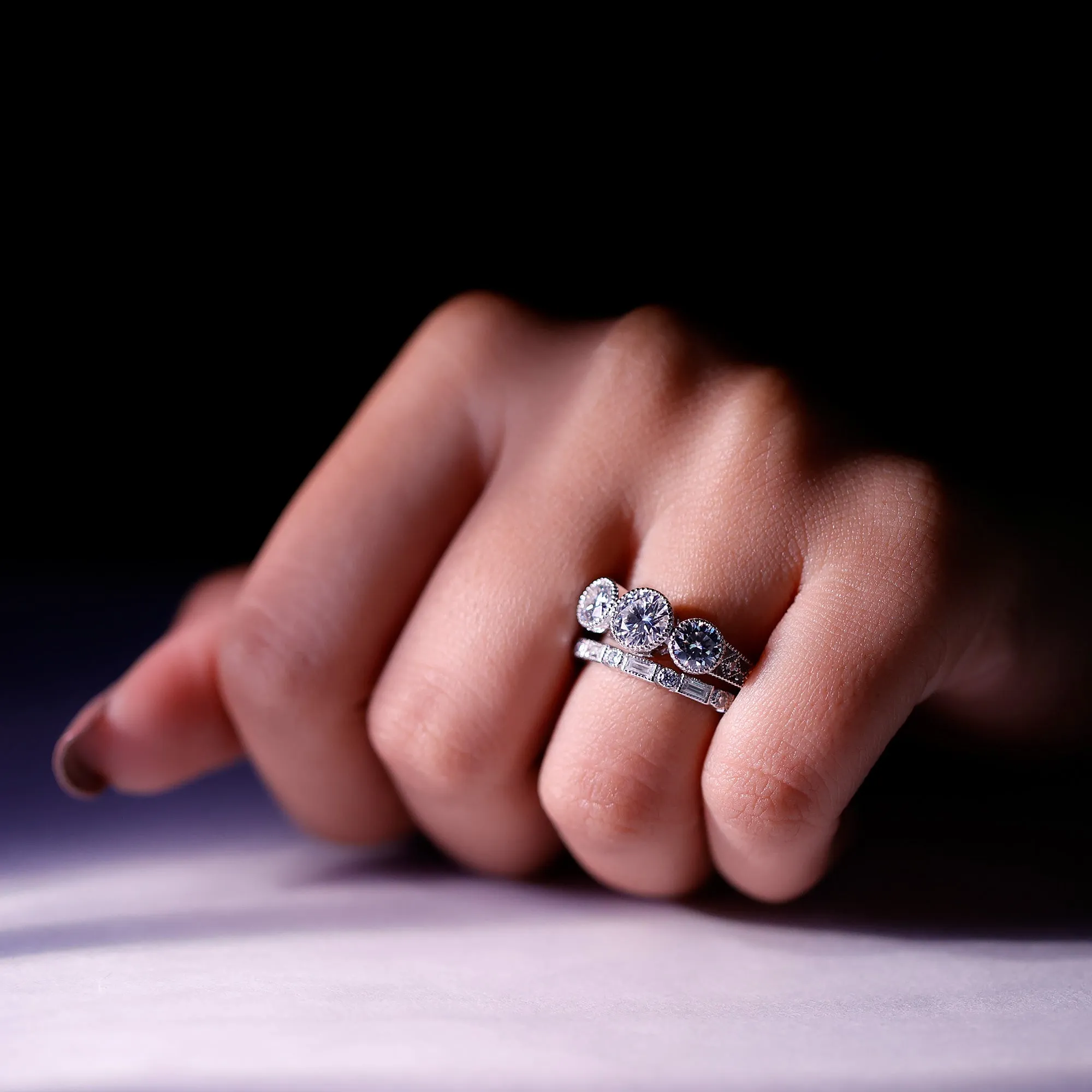 Moissanite 3 Stone Wedding Ring Set in Beaded Bezel Setting