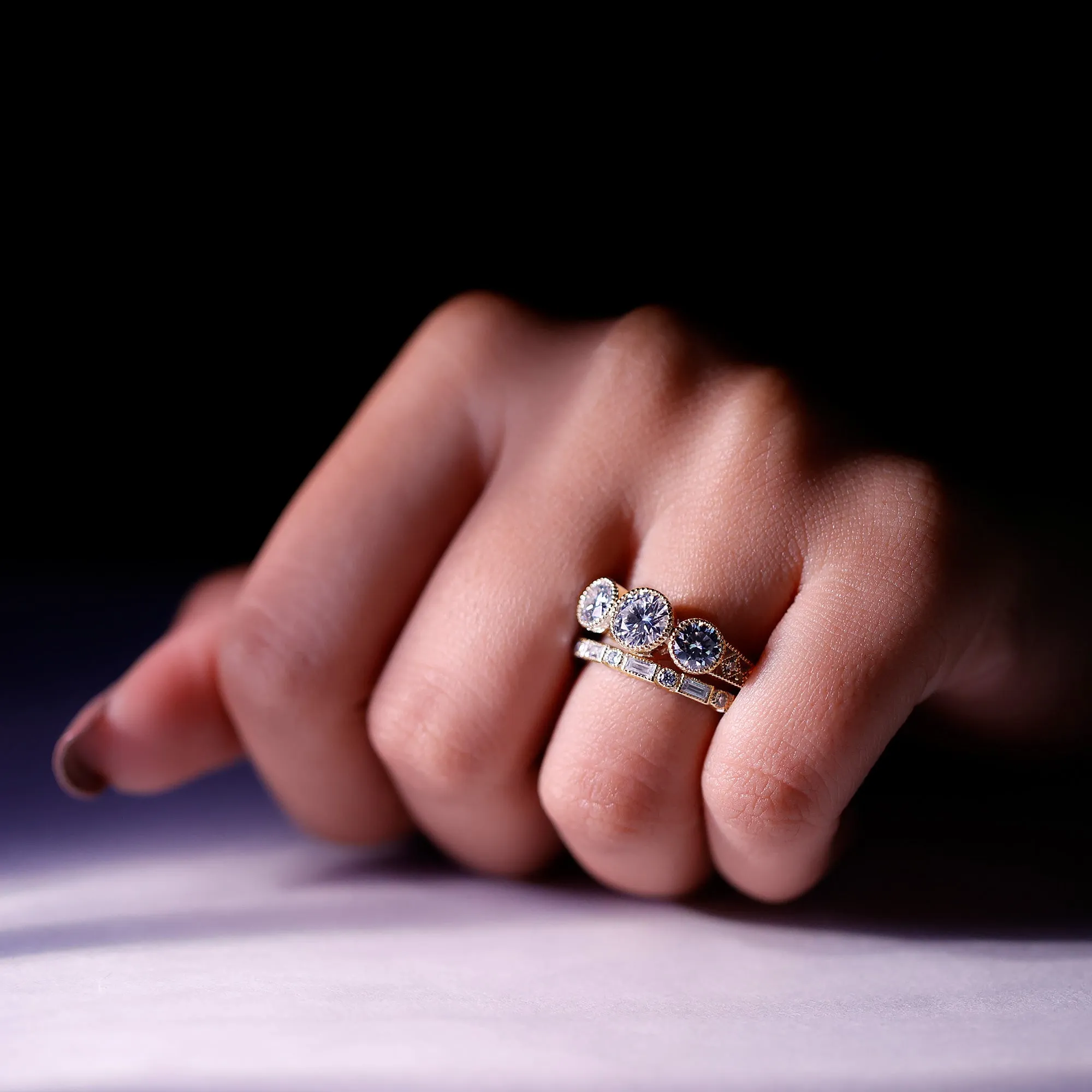 Moissanite 3 Stone Wedding Ring Set in Beaded Bezel Setting