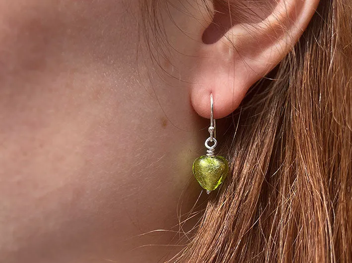 Murano Glass Tiny Heart Earrings - Jade