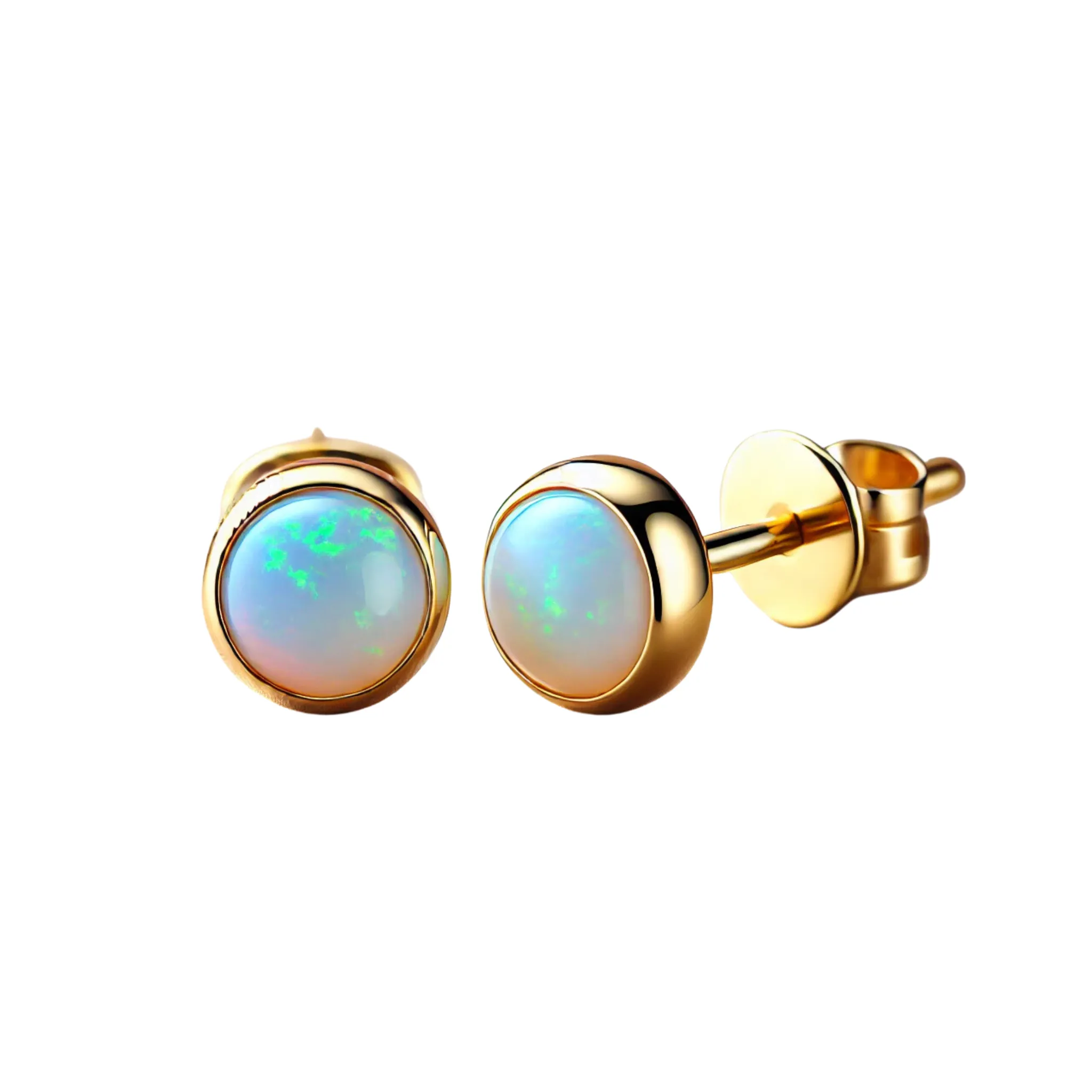 Natural Australian Opal Stud Earrings | AAA Grade Bezel Set in 14K Gold