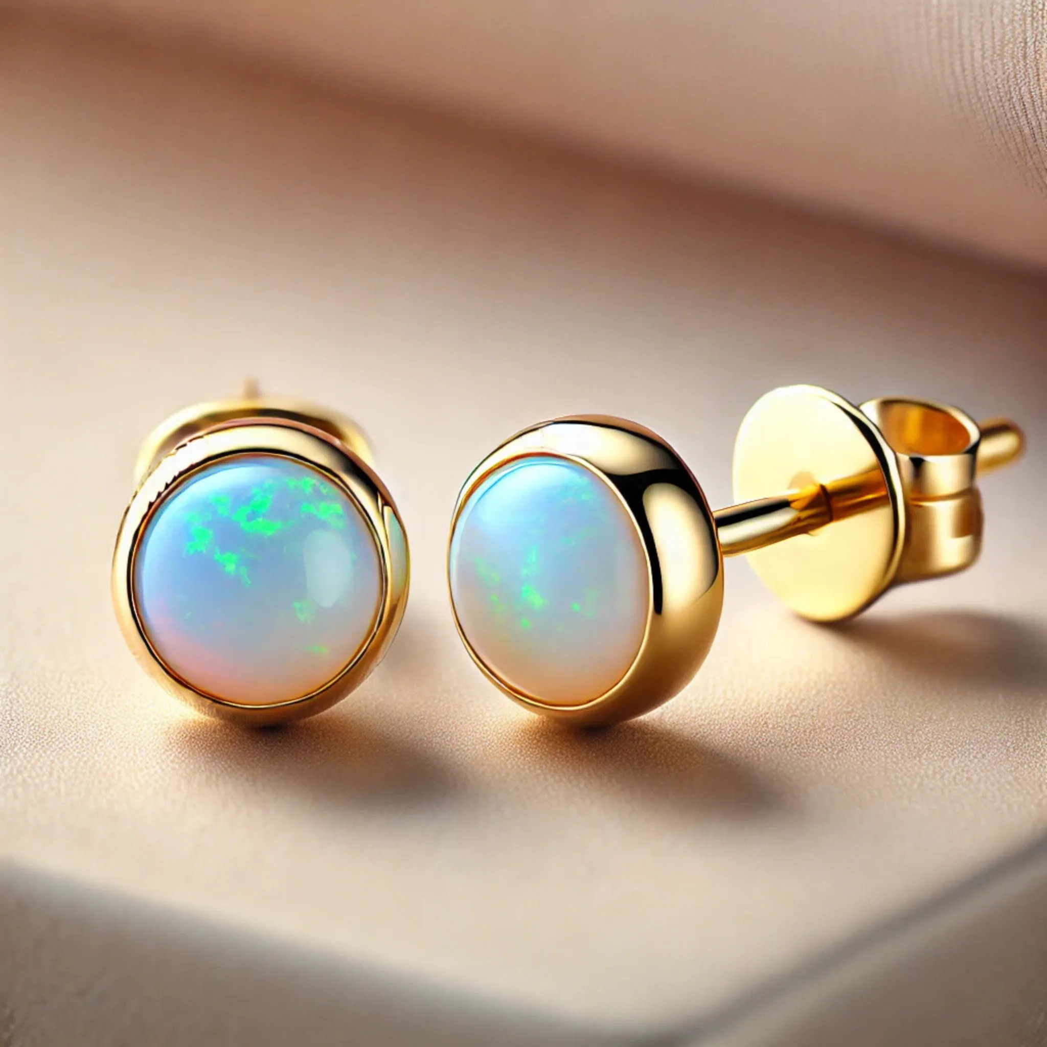 Natural Australian Opal Stud Earrings | AAA Grade Bezel Set in 14K Gold