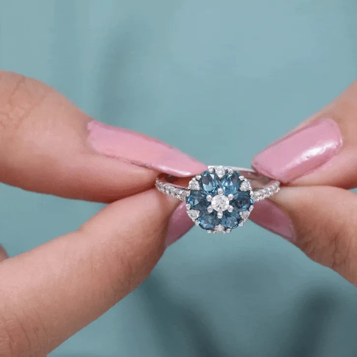 Natural London Blue Topaz and Diamond Flower Engagement Ring