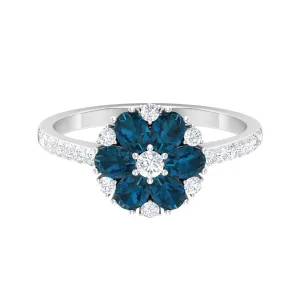 Natural London Blue Topaz and Diamond Flower Engagement Ring
