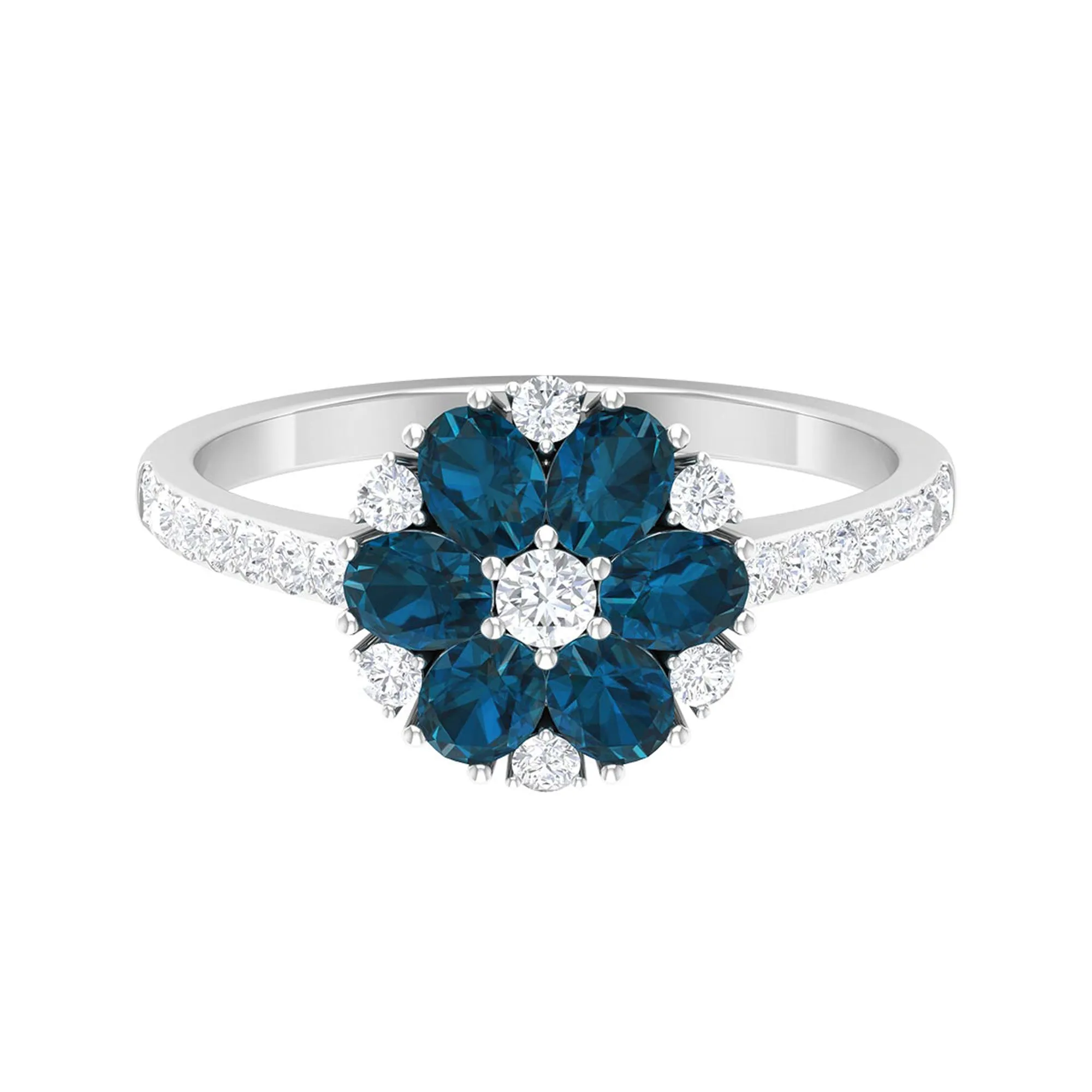 Natural London Blue Topaz and Diamond Flower Engagement Ring