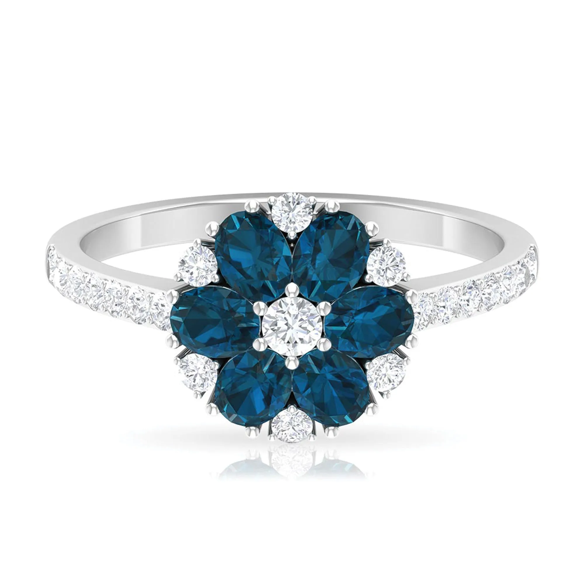 Natural London Blue Topaz and Diamond Flower Engagement Ring