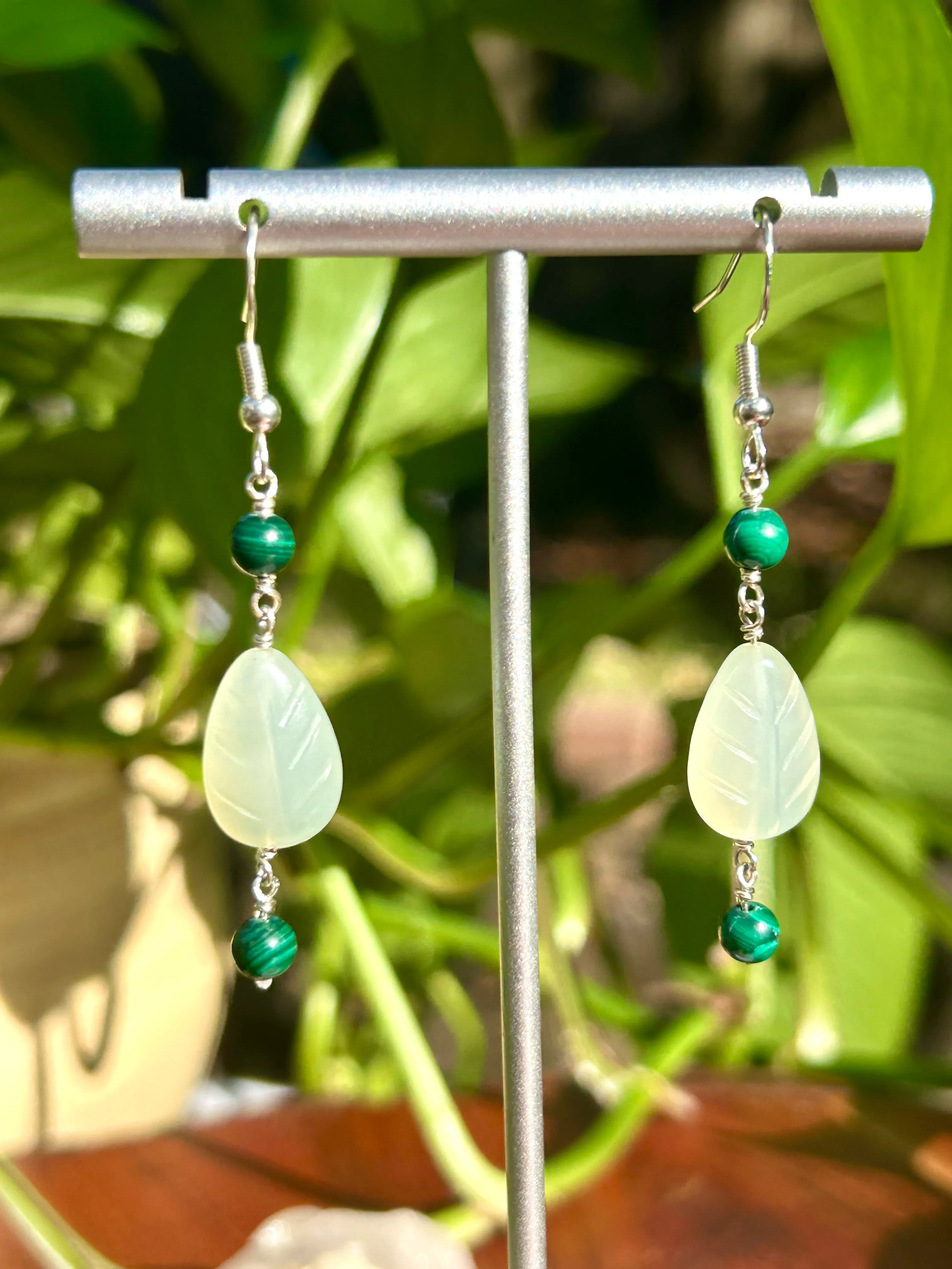 New Jade Leaves & Malachite Gemstone Sterling Silver Dangly Earrings