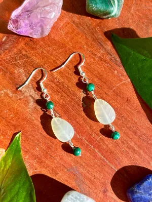 New Jade Leaves & Malachite Gemstone Sterling Silver Dangly Earrings