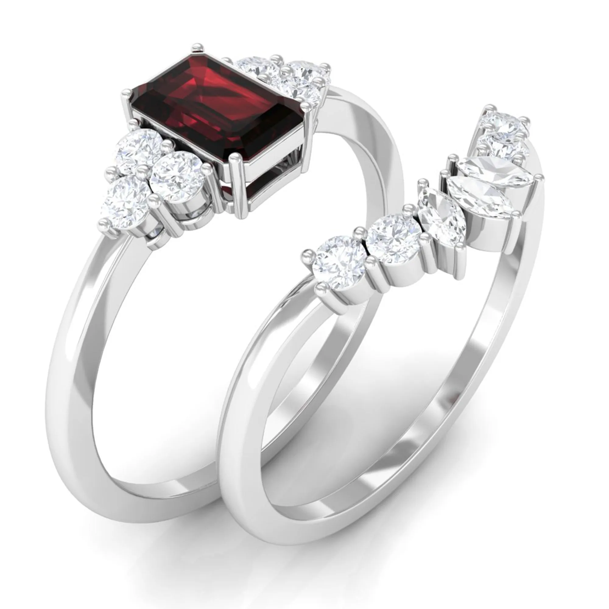 Octagon Cut Garnet Solitaire Ring Set with Diamond