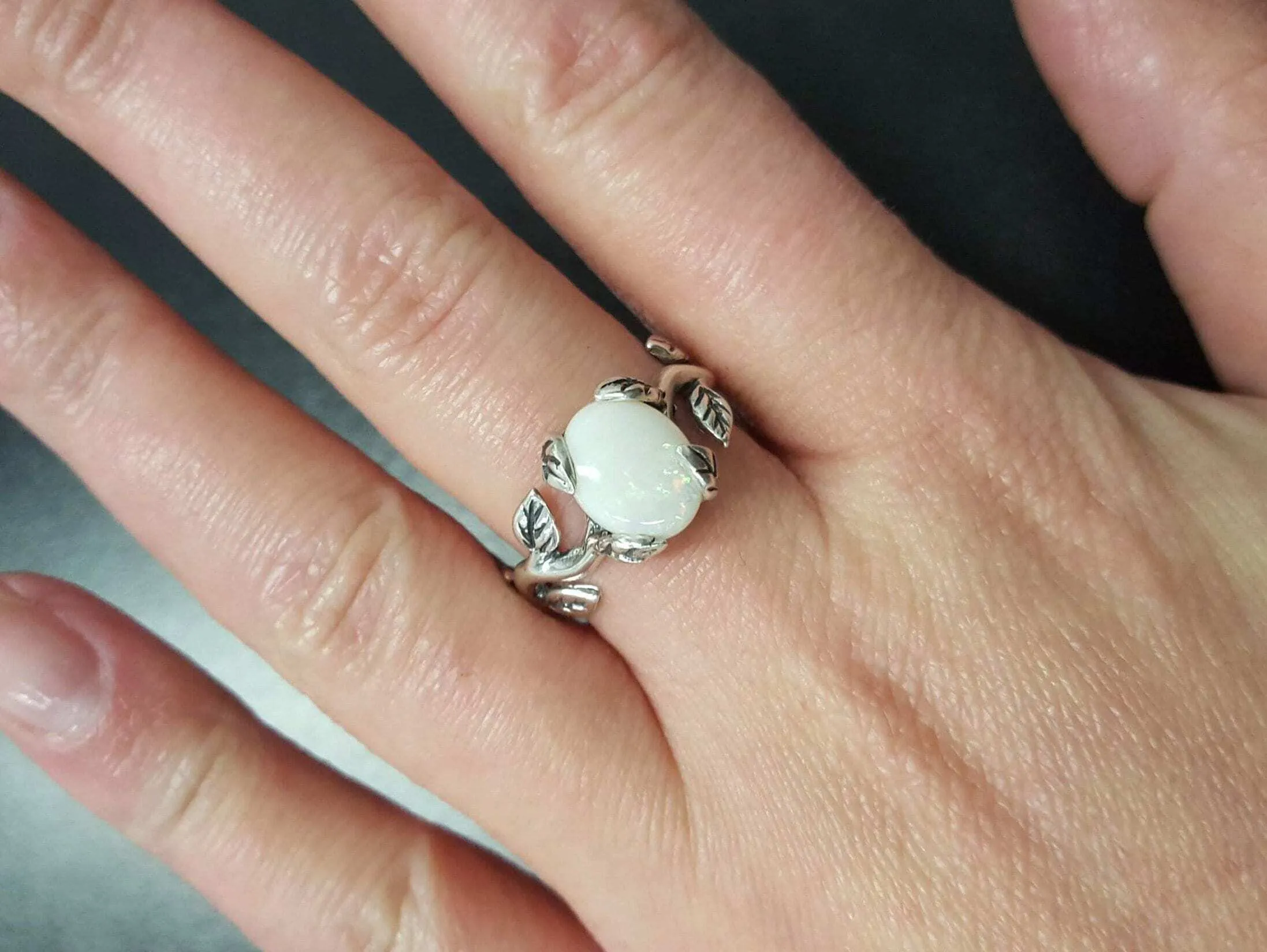 Opal Solitaire Ring - Leaf Silver Band - Opal Boho Ring